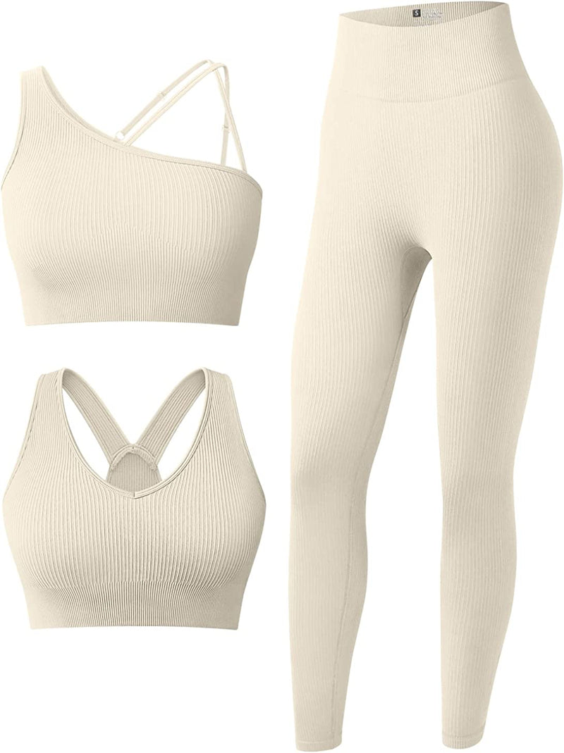 OQQ Women'S 3 Piece Outfits Ribbed Seamless Exercise Scoop Neck Sports Bra One Shoulder Tops High Waist Leggings Active Set Sporting Goods > Outdoor Recreation > Winter Sports & Activities OQQ Beige2 Small 