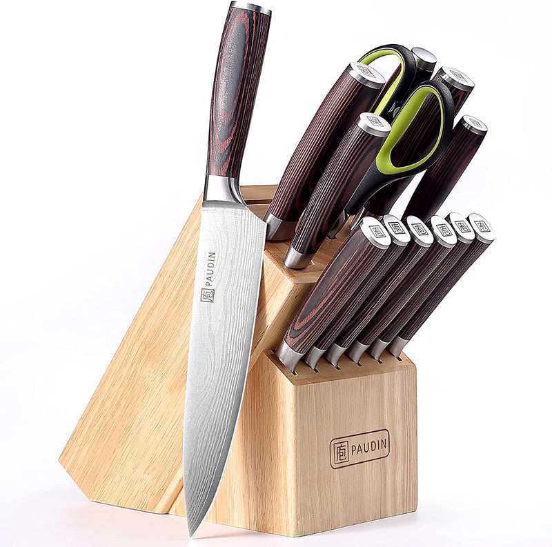 PAUDIN Knife Set, 5 Pcs Kitchen Knife Set with Sharp High Carbon Stainless Steel Forged Blade and Non-Slip Pakkawood Handle, Professional Knives Set for Kitchen, Chef Knife Set Come with Gift Box Home & Garden > Kitchen & Dining > Kitchen Tools & Utensils > Kitchen Knives PAUDIN 14 Pcs Knife Block Set  