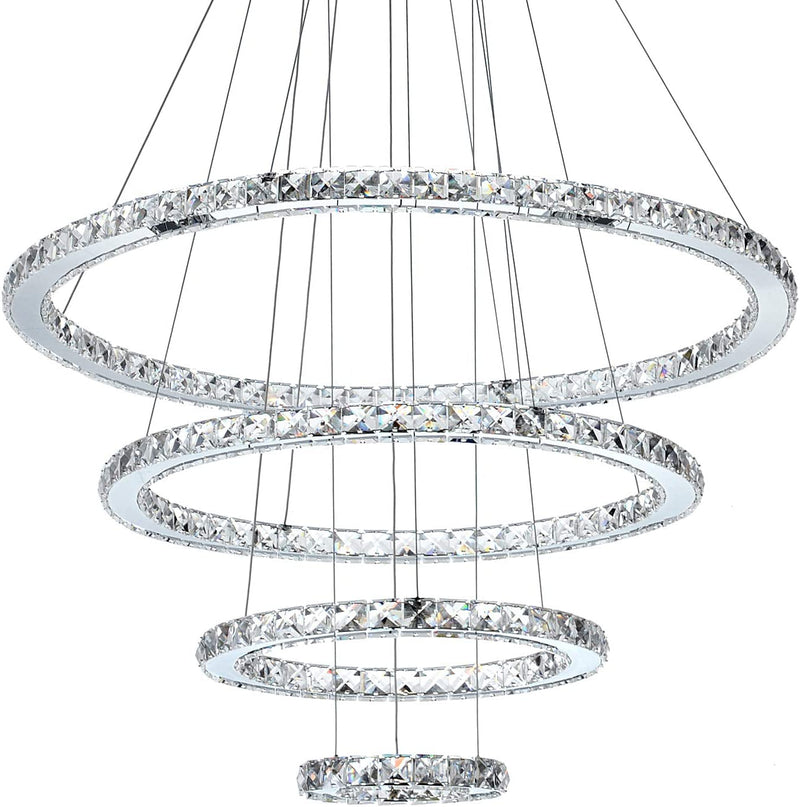 MEEROSEE Crystal Chandeliers Modern LED Ceiling Lights Fixtures Pendant Lighting Dining Room Chandelier Contemporary Adjustable Stainless Steel Cable 4 Rings DIY Design D31.5+23.6"+15.7"+7.8" Home & Garden > Lighting > Lighting Fixtures > Chandeliers MEEROSEE 31.5"  