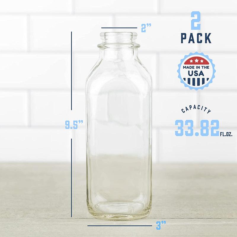 Kitchentoolz 33 Oz Square Glass Milk Bottles with Lids, Perfect Glass Milk Container for Refrigerator - 1 Liter (33 Ounce) Glass Milk Jugs with Tamper Proof Lid and Pour Spout - Pack of 2 Home & Garden > Decor > Decorative Jars kitchentoolz   