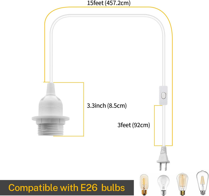 Plug in Pendant Light 15Ft Hanging Pendant Light with Switch E26 Socket Set White