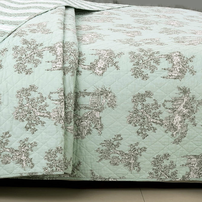 Cozy Line Home Fashions Vintage Cottage Garden Toile Mint Green 100% Cotton Reversible Girl Quilt Bedding Set, Coverlet, Bedspread (Garden Toile, Queen - 3 Piece) Home & Garden > Linens & Bedding > Bedding Cozy Line Home Fashions   