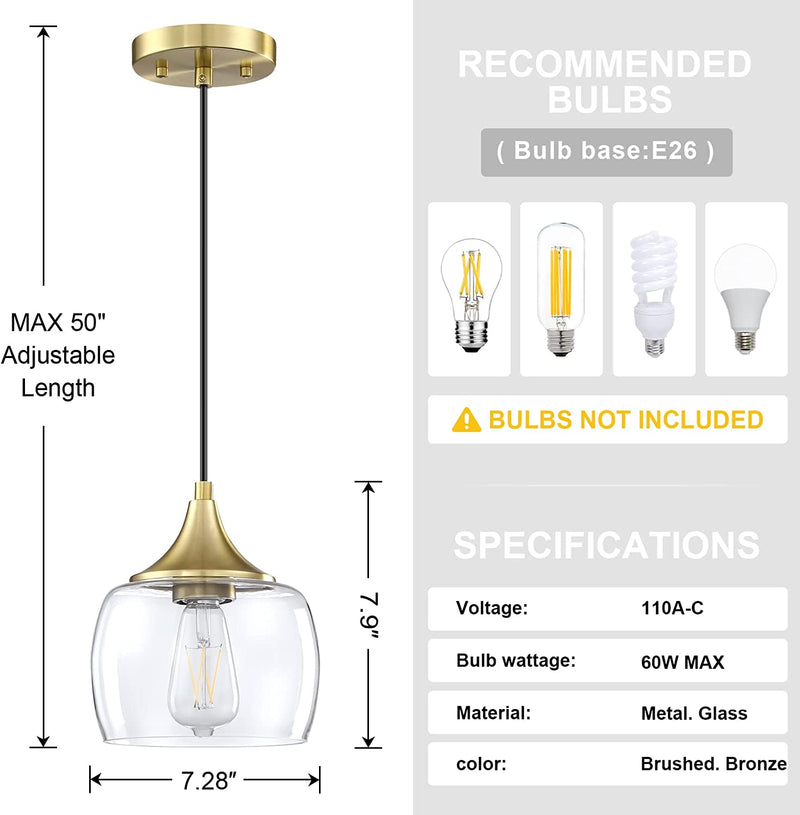 Doraimi Lighting 1 Light Industrial Kitchen Island Pendant Light 7.3" Clear Glass with Brushed Bronze Finish, Adjustable Cord Farmhouse Ceiling Pendant Light for Restaurant Kitchen Island