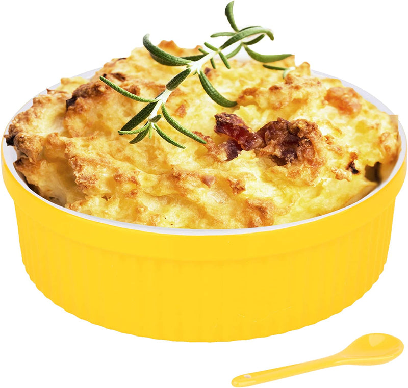 Souffle Dish Ramekins for Baking – 32 Oz, 1 Quart Large Ceramic Oven Safe round Fluted Bowl with Mini Condiment Spoon for Soufflé Pot Pie Casserole Pasta Roasted Vegetables Desserts (Aqua/Green Set) Home & Garden > Kitchen & Dining > Cookware & Bakeware Duido Yellow 48 Oz 