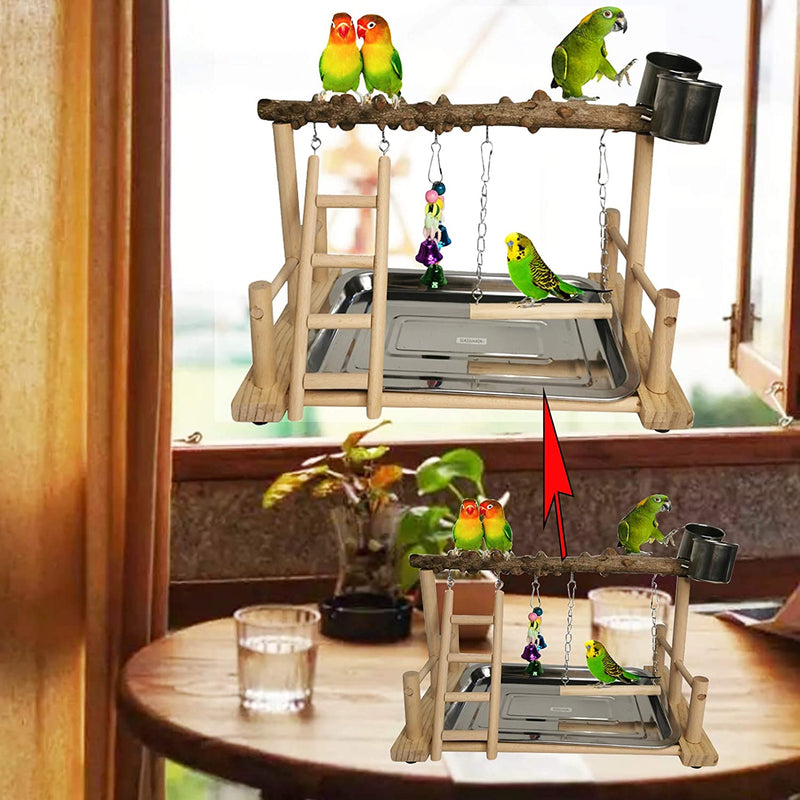 Hamiledyi Parrot Playground Bird Playstand Wood Exercise Play Perch Exercise Gym with Feeder Cups Toys Cockatiel with Ladder Hanging Swing for Pet Conure Lovebirds Life Activity Center Training Stand