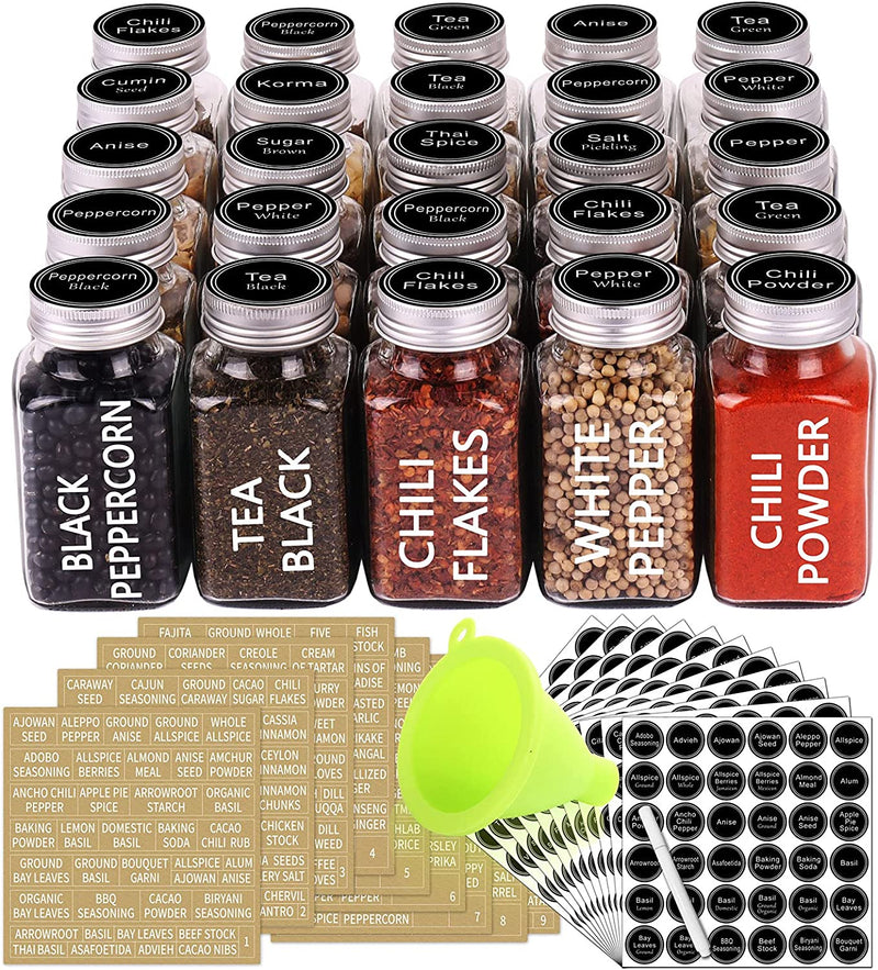 SWOMMOLY 25 Glass Spice Jars with 703 Spice Labels, Chalk Marker and Funnel Complete Set. 25 Square Glass Jars 4OZ, Airtight Cap, Pour/Sift Shaker Lid Home & Garden > Decor > Decorative Jars SWOMMOLY 6 OZ  