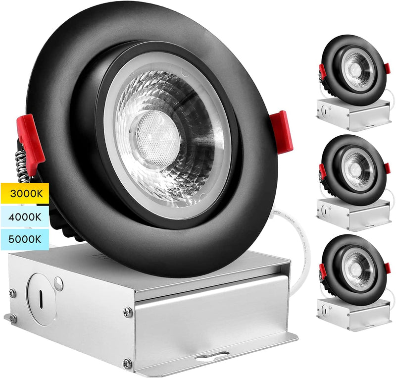 Luxrite 4 Pack 4 Inch Adjustable Gimbal Eyeball LED Recessed Lighting Kit, 3 Color Options 3000K | 4000K | 5000K, 11W=75W, 1000 Lumens, Dimmable Canless LED Downlight, IC Rated, Damp Rated - Black Home & Garden > Lighting > Flood & Spot Lights Luxrite   