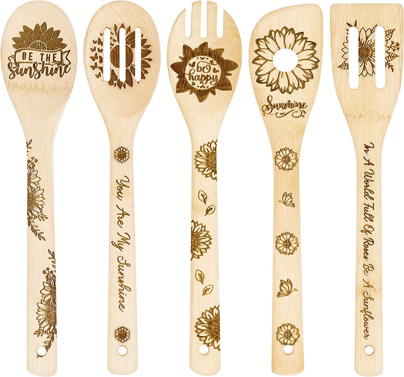 Eartim 5Pcs Sunflower Wooden Spoons Utensils Set, Summer Sunflower Theme Kitchen Cooking Utensils Natural Non-Stick Carve Burned Bamboo Cooking Spoon Slotted Spatulas Tools Birthday Wedding Gifts Home & Garden > Kitchen & Dining > Kitchen Tools & Utensils Eartim Sunflower  