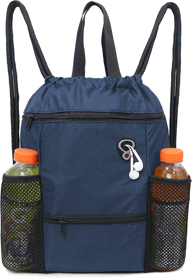 Drawstring Backpack Bag String Cinch Sack Backpack W Zipper Pockets & Mesh Bottle Holders Large Gym Sports Beach Sackpack Home & Garden > Household Supplies > Storage & Organization BeeGreen Navy Blue  