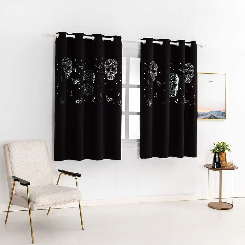 MANGATA CASA Halloween Blackout Curtains 63Inch Long 2 Panels Set with Skull for Bedroom-Goth Black Drapes for Living Room-Cutout Window Curtain Panels(Black 52X63In)