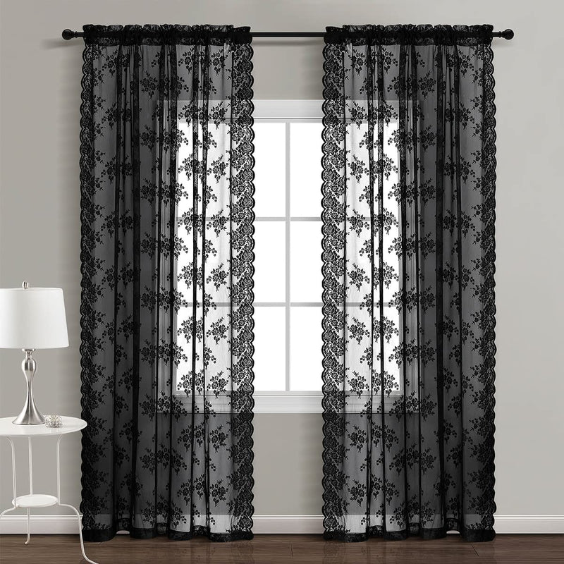 Kotile Black Lace Curtains 84 Inches Long - Vintage Floral Black Sheer Curtains 2 Panels, Gothic Sheer Lace Curtains for Living Room, Rod Pocket Black Sheer Window Curtain Panels, 52 X 84 Inch, Black