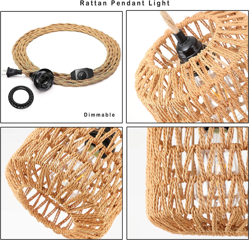 Plug in Pendant Light Rattan Hanging Lights with Plug in Cord Wicker Hanging Lamp Dimmable,Handmade Woven Boho Bamboo Basket Lamp Shade,Plug in Ceiling Light Fixture for Living Room Bedroom Kitchen Home & Garden > Lighting > Lighting Fixtures QIYIZM   