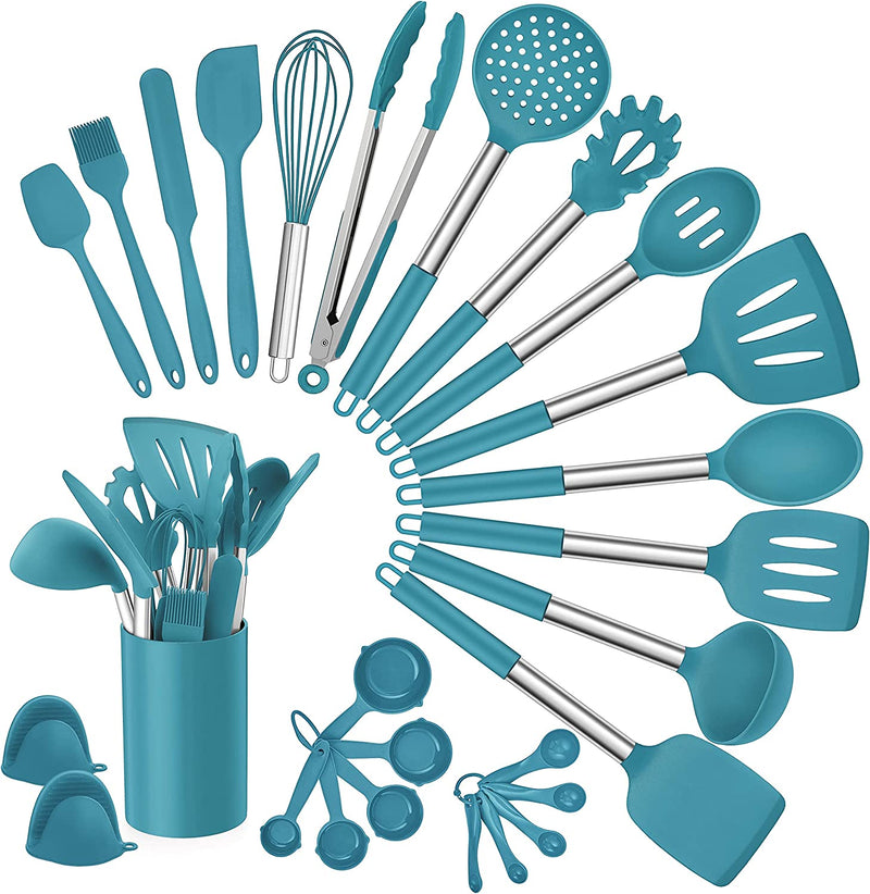 Homikit 27 Pieces Silicone Cooking Utensils Set with Holder, Kitchen Utensil Sets for Nonstick Cookware, Black Kitchen Tools Spatula with Stainless Steel Handle, Heat Resistant Home & Garden > Kitchen & Dining > Kitchen Tools & Utensils Homikit Blue 27-Piece 