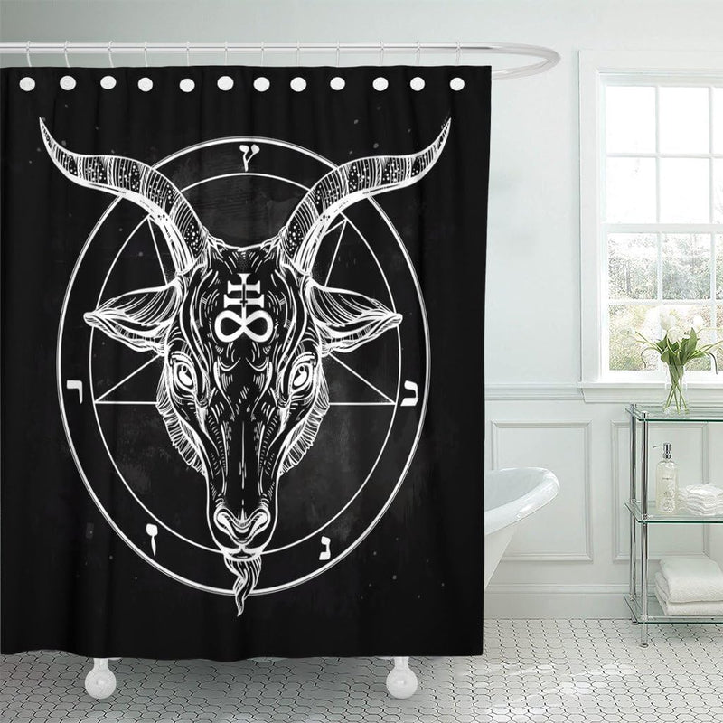 Emvency Shower Curtain Pentagram with Demon Baphomet Satanic Goat Head Binary Symbol Tattoo Retro Music Summer for Biker Black Waterproof Polyester Fabric 72 X 72 Inches Set with Hooks Sporting Goods > Outdoor Recreation > Fishing > Fishing Rods Emvency 72"W x 78"L  