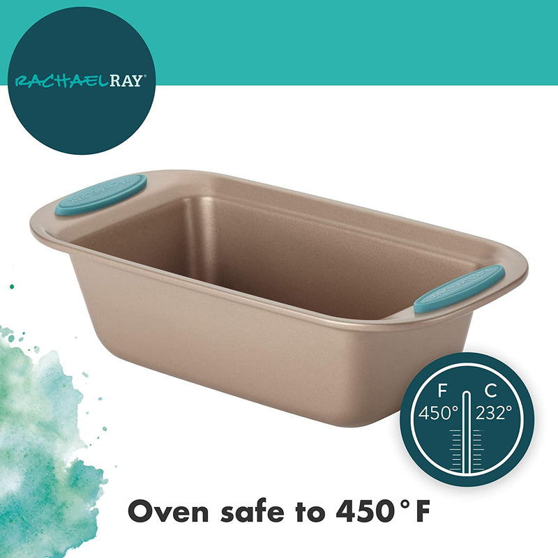 Rachael Ray Cucina Bakeware Oven Lovin' Nonstick Loaf Pan, 9-Inch by 5-Inch Steel Pan, Latte Brown with Agave Blue Handles