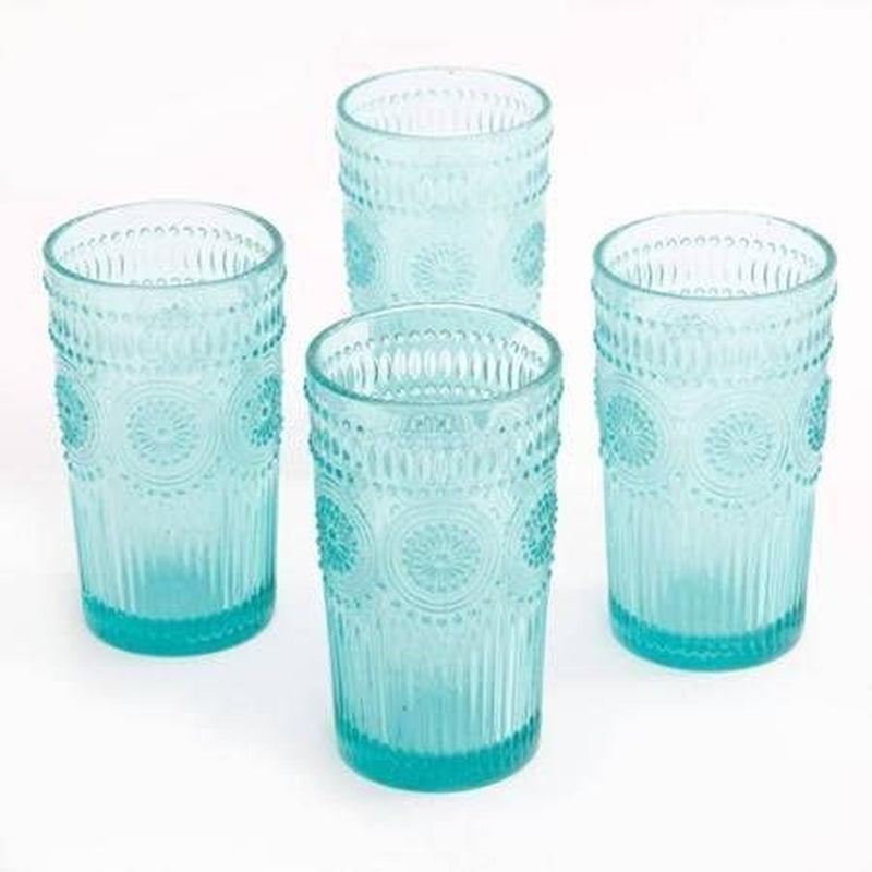 Set of 4, Dishwasher Safe, 16-Ounce Emboss Glass Tumblers, Turquoise Home & Garden > Kitchen & Dining > Tableware > Drinkware Donnetty   