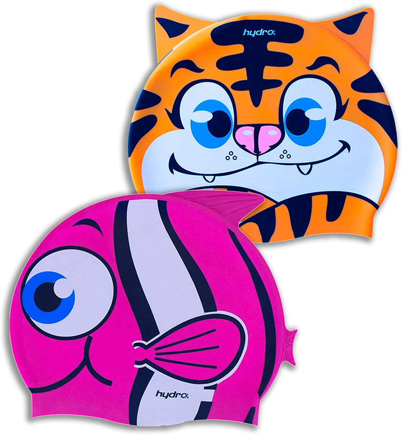 Kids Swimming Cap Silicone Waterproof (2 Pack) HYDRO - Swim Hats Bathing Cap Animal Design for Boys Girls X 2 Sporting Goods > Outdoor Recreation > Boating & Water Sports > Swimming > Swim Caps HYDRO Pink Fish / Tiger  