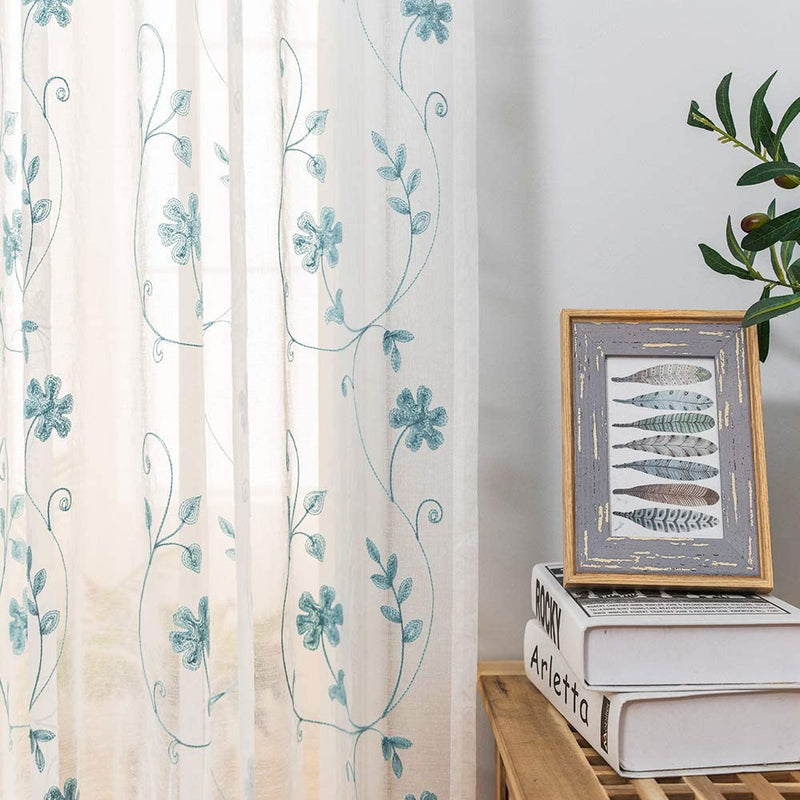 Floral Embroidery Gold Sheer Curtains 84 Inches Long, Rod Pocket Sheer Drapes for Living Room, Bedroom, 2 Panels, 52"X84", Semi Crinkle Voile Window Treatments for Yard, Patio, Villa, Parlor. Home & Garden > Decor > Window Treatments > Curtains & Drapes MYSTIC-HOME Floral Blue 52"Wx45"L 