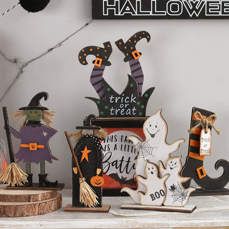 SY Super Bang 5Pcs Halloween Wooden Decorations, Halloween Tabletop Centerpiece Craft Decor Including Witch/Ghost/Shoes Decor for Home, Indoor, Holiday, Party Supplies, Kid'S Gift.  SY Super Bang   