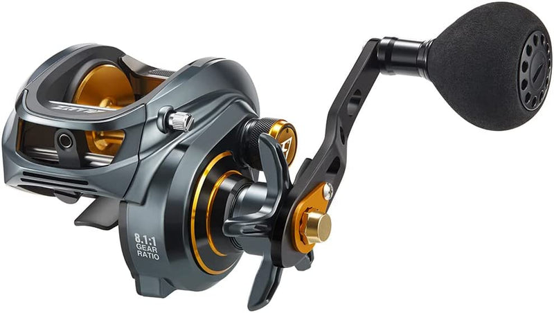 Piscifun Alijoz Baitcasting Reels, Size 300 Aluminum Frame Baitcaster Fishing Reel, 33Lbs Max Drag, Available in 5.9:1/8.1:1 Gear Ratio, Freshwater and Saltwater Powerful Handle Casting Reel Sporting Goods > Outdoor Recreation > Fishing > Fishing Reels Piscifun Gray & Golden - 8.1:1 (Left Handed)  
