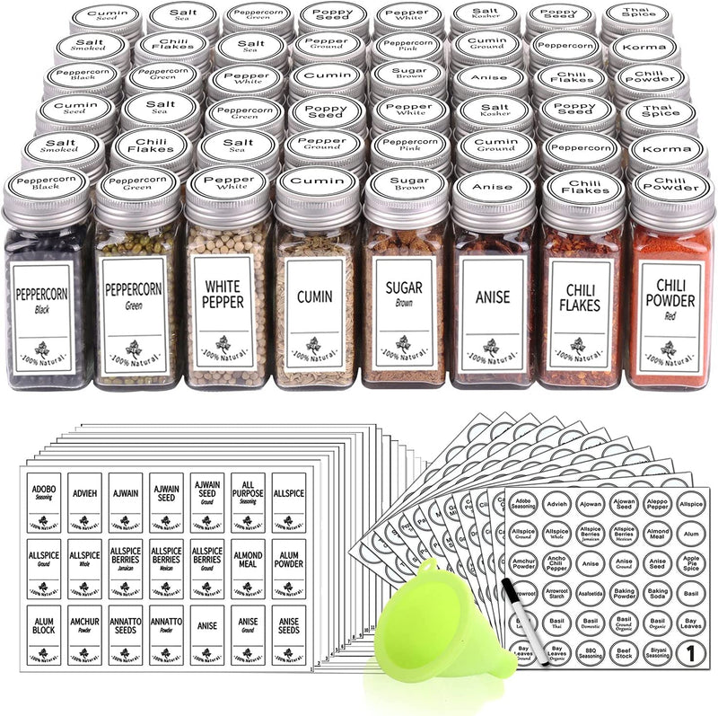 SWOMMOLY 48 Glass Spice Jars with 806 White Spice Labels, Chalk Marker and Funnel Complete Set. Square Spice Bottles 4 Oz Empty Spice Containers, Airtight Cap, Pour/Sift Shaker Lid Home & Garden > Decor > Decorative Jars SWOMMOLY Silver Lids  