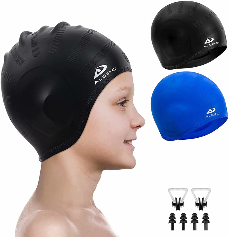 2 Pack Kids Swim Caps for Boys Girls, Durable Silicone Swimming Cap with 3D Ear Pockets for Age 3-15 Toddler Child Youth Teen, Unisex Swim Bath Hats for Short/Long Hair with Ear Plugs Nose Clip Sporting Goods > Outdoor Recreation > Boating & Water Sports > Swimming > Swim Caps Alepo Black&Blue Age 3-8 