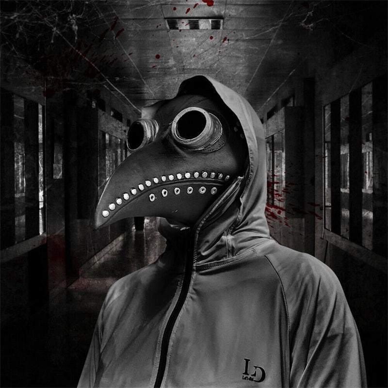 Mask Plague Doctor Bird Mask Long Nose Beak Steampunk Cosplay Party Masquerades（Black with Silver Nail）