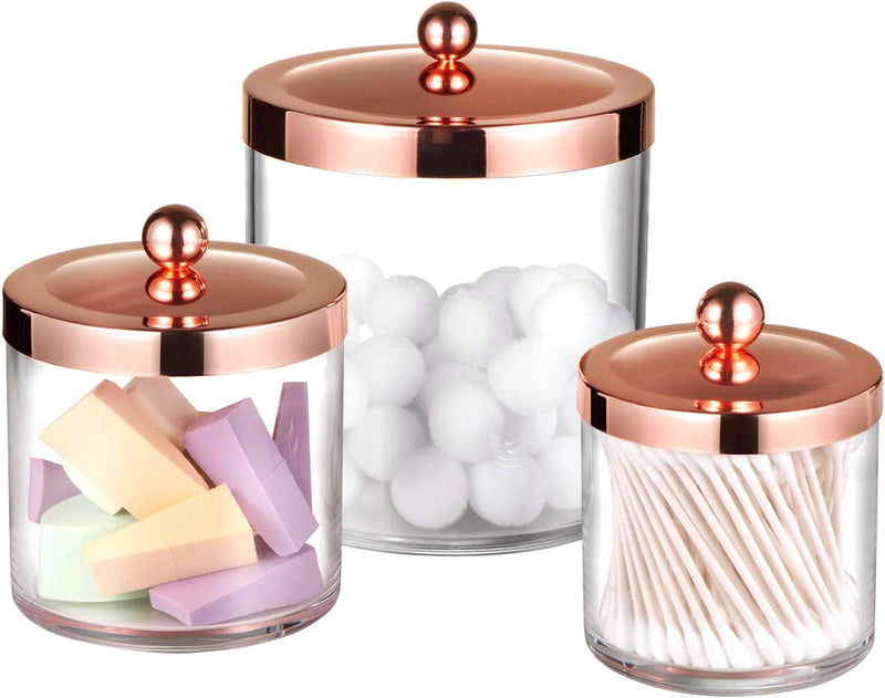 Premium Quality Plastic Apothecary Jars - Qtip Holder Bathroom Vanity Countertop Storage Organizer Canister Clear Acrylic for Cotton Swabs,Rounds, Balls,Makeup Sponges,Bath Salts / 2 Pack (Black) Home & Garden > Household Supplies > Storage & Organization SheeChung Rose gold 50oz.& 25oz.& 15oz. 
