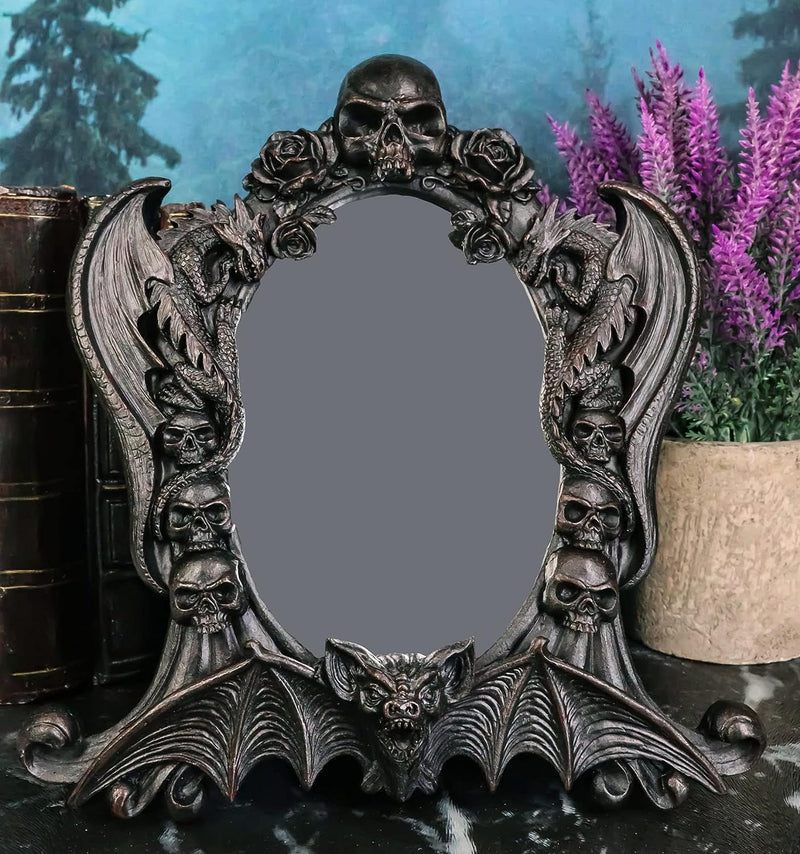 Ebros Gift Black Gothic Nosferatu Vampire Lair Dragons Bat Skull and Roses Decorative Vanity Desktop Table or Wall Hanging Mirror Figurine with Dark Alchemy Ossuary Macabre Boudoir Accent  Ebros Gift   