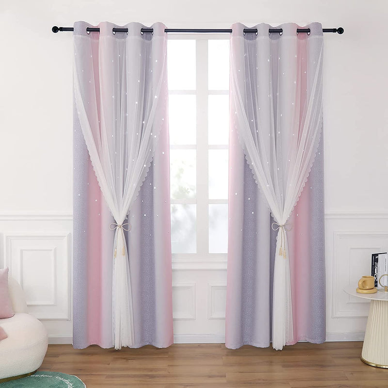 Drewin 2 Panel Girls Curtains for Bedroom 63 Inches Length Stars Cut Out Pink Blackout Curtain Kids Room Darkening 2 in 1 Rainbow Ombre Stripe Double Layer Window Drapes Nursery,52X63 in Pink & Grey Home & Garden > Decor > Window Treatments > Curtains & Drapes Drewin Pink & Grey W52" x L63",2 Panels 