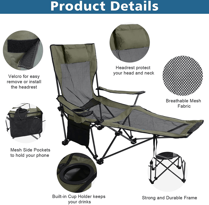 ABCCANOPY Folding Reclining Camping Chair Portable Camping Chair with Footrest, Storage Bag & Headrest, Army Green