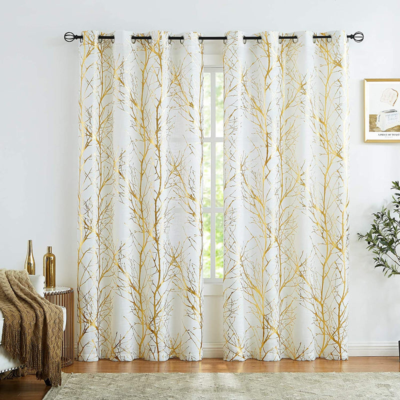 FMFUNCTEX Branch White Curtains 84” for Living Room Grey and Auqa Bluetree Branches Print Curtain Set Wrinkle Free Thick Linen Textured Semi-Sheer Window Drapes for Bedroom Grommet Top, 2 Panels Home & Garden > Decor > Window Treatments > Curtains & Drapes FMFUNCTEX Semi-sheer: White + Foil Gold 50" x 96" 