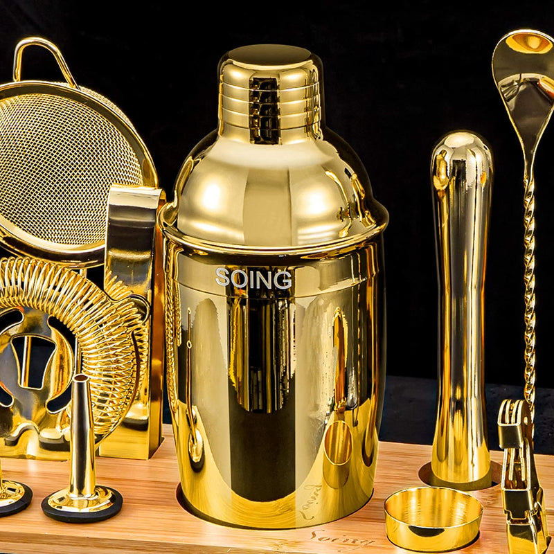 Soing 11-Piece Gold Bartender Kit,Perfect Home Cocktail Shaker Set for Drink Mixing,Stainless Steel Bar Tools with Stand,Velvet Carry Bag & Cocktail Recipes Cards (Gold) Home & Garden > Kitchen & Dining > Barware SOING   