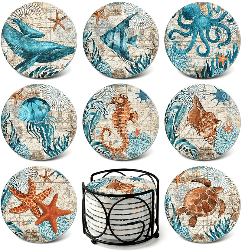 Absorbing Stone Sea Ocean Life Coasters for Drinks by Teivio - Cork Base with Holder,Coastal Decor Beach Theme Tropical,for Housewarming Apartment Kitchen Bar Decor,Suitable For Wooden Table, Set of 8 Home & Garden > Decor > Seasonal & Holiday Decorations Teivio Default Title  
