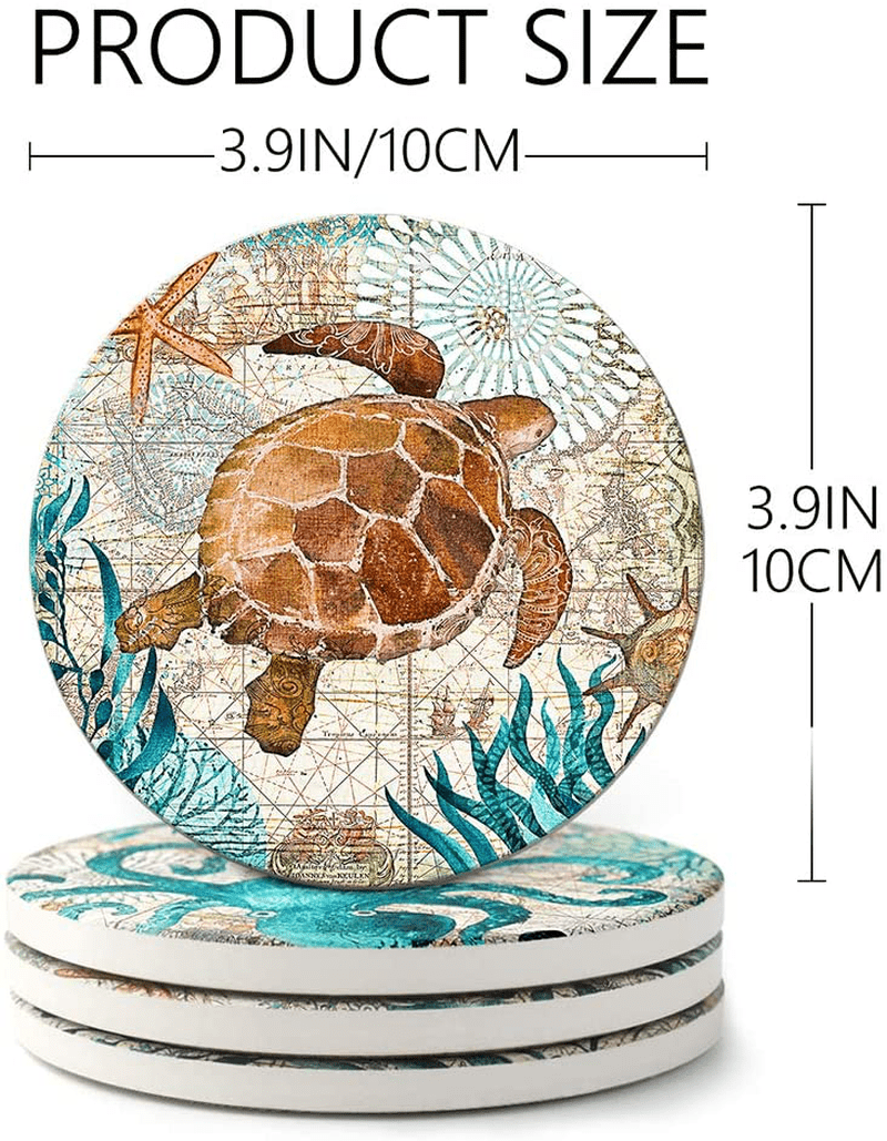 Absorbing Stone Sea Ocean Life Coasters for Drinks by Teivio - Cork Base with Holder,Coastal Decor Beach Theme Tropical,for Housewarming Apartment Kitchen Bar Decor,Suitable For Wooden Table, Set of 8