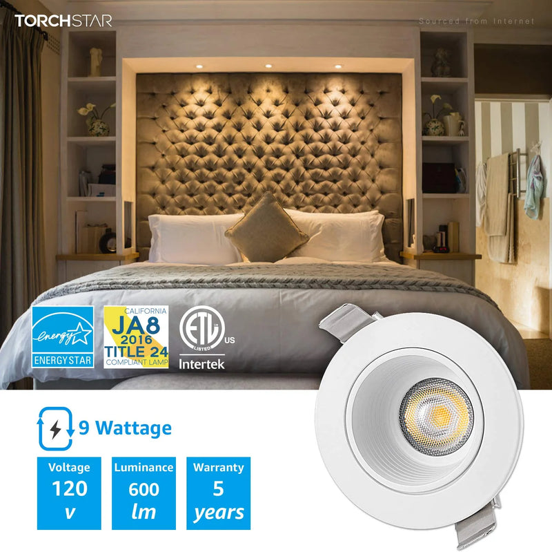 TORCHSTAR 2 Inch LED Recessed Lighting with Junction Box, Dimmable Anti-Glare LED Downlight CRI90+, 3000K Warm White, 9W 600Lm, ETL, Energy Star, JA8 & T24 Listed, 5-Year Warranty, Pack of 6 Home & Garden > Lighting > Flood & Spot Lights TORCHSTAR   