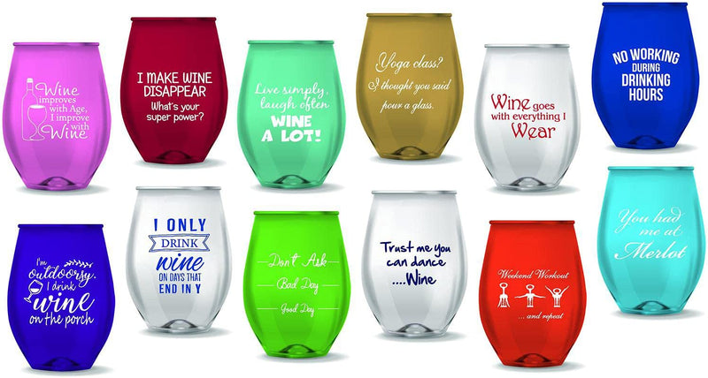 Pen Kit Mall PKM - Stemless Wine Glasses - Set of 12 - NOVELTY FUNNY SAYINGS - CAMPING -CHRISTMAS - NEW YEARS HALLOWEEN (Not Glass) (CHRISTMAS THEMED) Home & Garden > Kitchen & Dining > Tableware > Drinkware PEN KIT MALL NOVELTY FUNNY SAYINGS  