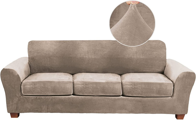 FY FIBER HOUSE Velvet Sofa Couch Cover for 3 Cushion Couch Sofa Covers for Living Room 4 Piece Plush Set Furniture Covers for Sofa Slipcover Stretch for Dogs, Taupe (71.5"-95.5") Home & Garden > Decor > Chair & Sofa Cushions FY FIBER HOUSE Taupe (Width: 71.5"-95.5")  