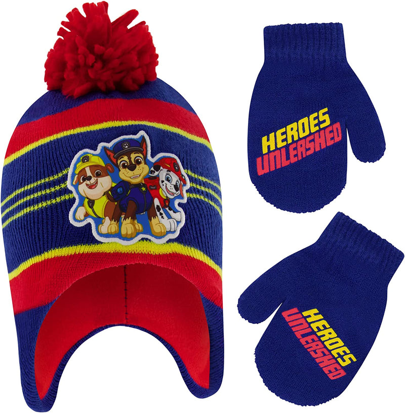 Nickelodeon Boys Winter Hat Set, Paw Patrol'S Marshall, Chase and Rubble Toddler Beanie and Mittens for Kids Age 2-4 Sporting Goods > Outdoor Recreation > Winter Sports & Activities Nickelodeon Blue/Red Pom Age 2-4 