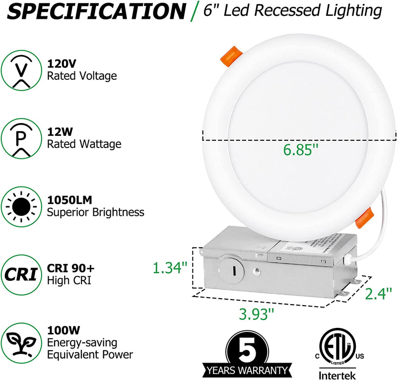Recessed Lighting 6 Inch 12 Pack Ultra-Thin LED Recessed Light Fixtures with Junction Box, 5000K Daylight LED Ceiling Light 12W 110W Eqv, Dimmable Canless Slim Downlight 1050LM High Brightness-Etl Home & Garden > Lighting > Flood & Spot Lights TDLOL   
