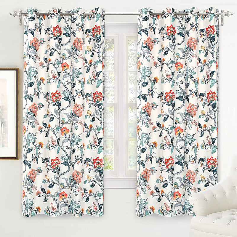 Driftaway Ada Floral Botanical Print Flower Leaf Lined Thermal Insulated Room Darkening Blackout Grommet Window Curtains 2 Layers Set of 2 Panels Each 52 Inch by 84 Inch Ivory Orange Teal Home & Garden > Decor > Window Treatments > Curtains & Drapes DriftAway Ivory Orange Teal 52"x72" 