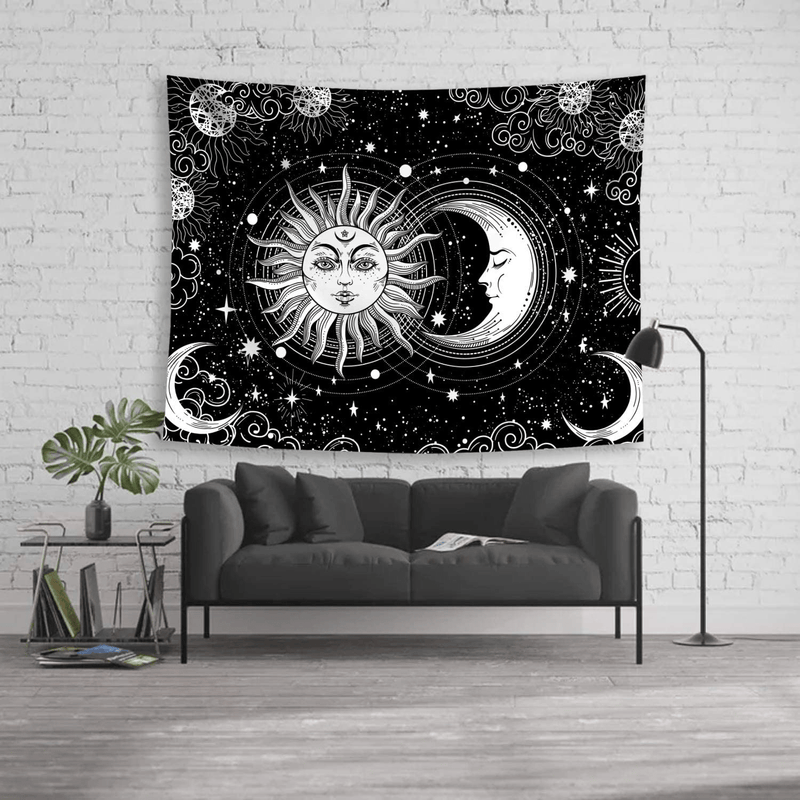 Accnicc Sun and Moon Tapestry Wall Hanging, Black and White Star Tapestry, Burning Sun with Stars Floral Mystic Aesthetic Wall Tapestry for Bedroom Dorm Living Room (Black, 50'' × 60'') Home & Garden > Decor > Artwork > Decorative TapestriesHome & Garden > Decor > Artwork > Decorative Tapestries Accnicc   