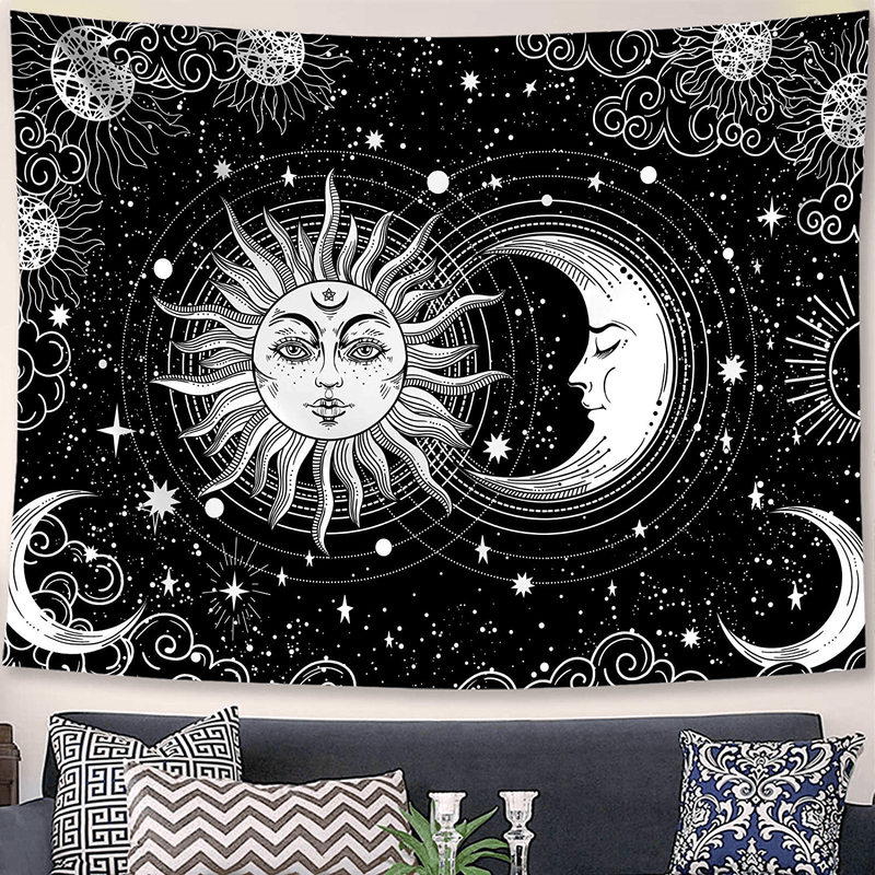 Accnicc Sun and Moon Tapestry Wall Hanging, Black and White Star Tapestry, Burning Sun with Stars Floral Mystic Aesthetic Wall Tapestry for Bedroom Dorm Living Room (Black, 50'' × 60'') Home & Garden > Decor > Artwork > Decorative TapestriesHome & Garden > Decor > Artwork > Decorative Tapestries Accnicc Black 60'' × 80'' 