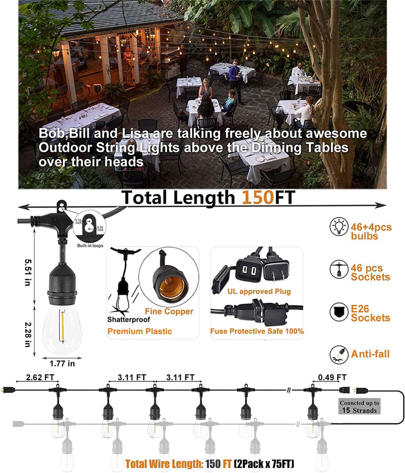 Achin Outdoor String Lights 150 Feet LED Waterproof Patio Lights with 50 Shatterproof Dimmable Warm Edison Bulbs String Lights for Outdoor Gazebo Bistro Wedding Birthday Party Lights, Connectable