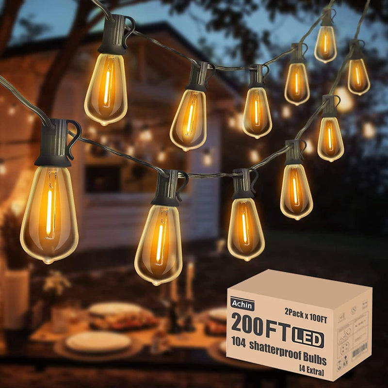 Achin Outdoor String Lights 150FT LED ST38 Edison Vintage Style String Lights Outdoor Dimmable Warm 2200K with 75 Shatterproof Bulbs Plastic String Lights Waterproof for Patio Bistro Gazebo Lights Home & Garden > Lighting > Light Ropes & Strings Achin ST38-2200K White 200FT 100 Bulbs(2*100FT) 