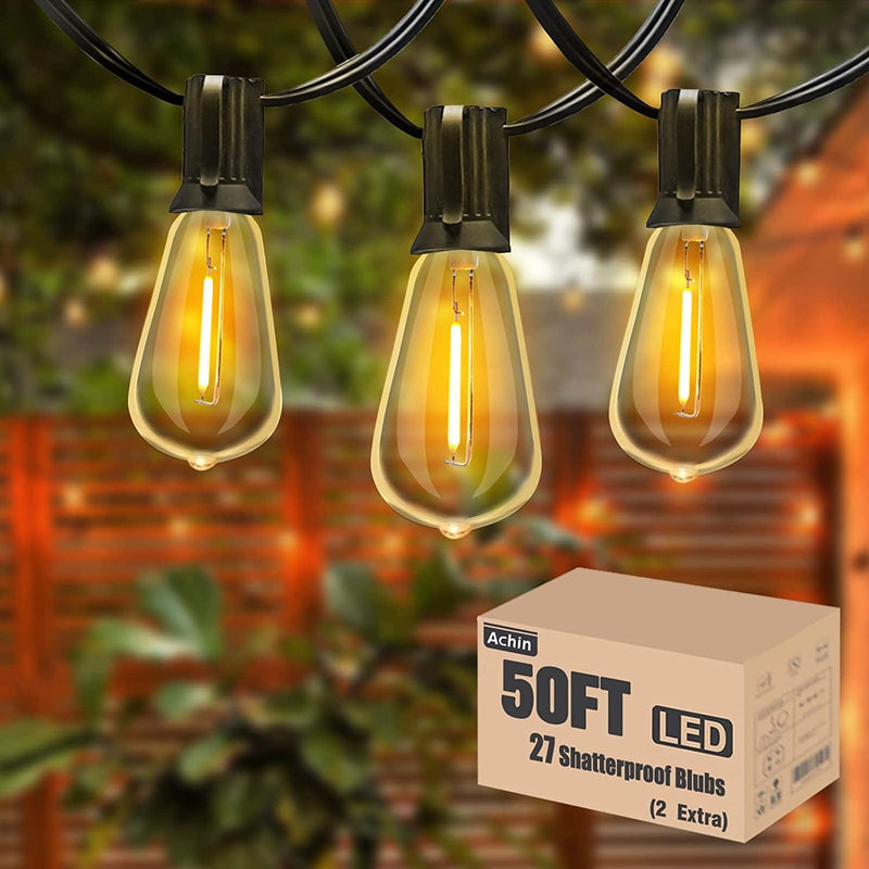 Achin Outdoor String Lights 150FT LED ST38 Edison Vintage Style String Lights Outdoor Dimmable Warm 2200K with 75 Shatterproof Bulbs Plastic String Lights Waterproof for Patio Bistro Gazebo Lights Home & Garden > Lighting > Light Ropes & Strings Achin ST38-2200K White 50FT 25 Bulbs 