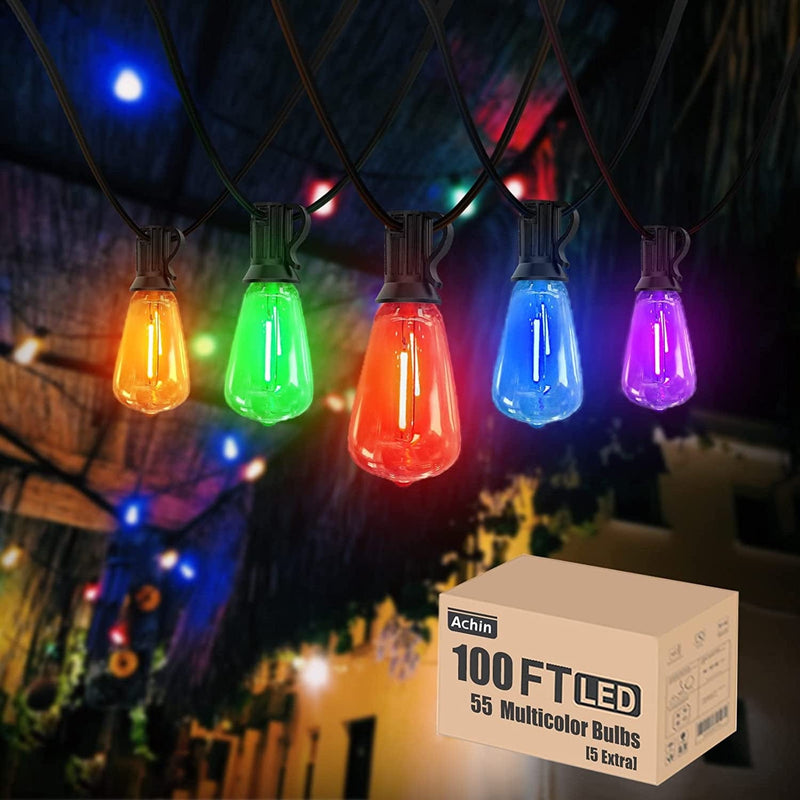 Achin Outdoor String Lights 150FT LED ST38 Edison Vintage Style String Lights Outdoor Dimmable Warm 2200K with 75 Shatterproof Bulbs Plastic String Lights Waterproof for Patio Bistro Gazebo Lights Home & Garden > Lighting > Light Ropes & Strings Achin ST38-Multicolored 100FT 50 Colored Bulbs 