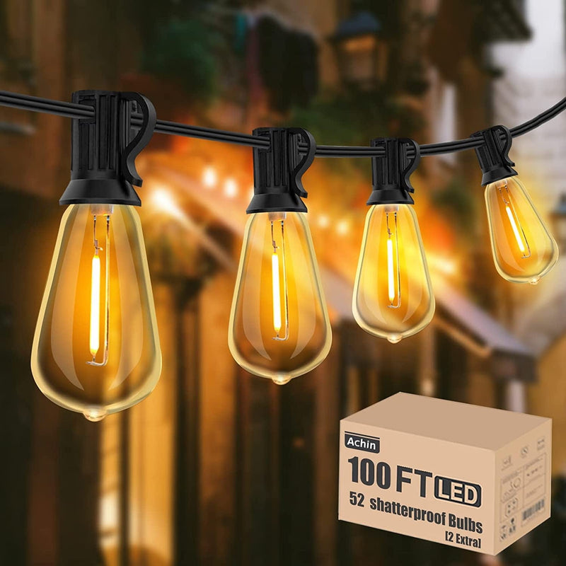 Achin Outdoor String Lights 150FT LED ST38 Edison Vintage Style String Lights Outdoor Dimmable Warm 2200K with 75 Shatterproof Bulbs Plastic String Lights Waterproof for Patio Bistro Gazebo Lights Home & Garden > Lighting > Light Ropes & Strings Achin ST38-2200K White 100FT 50 Bulbs 
