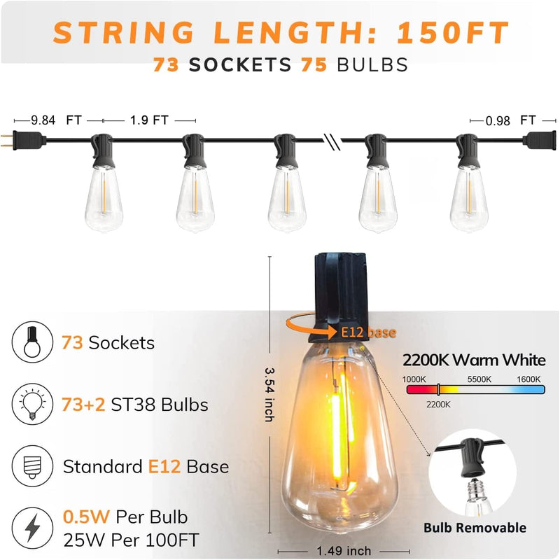 Achin Outdoor String Lights 150FT LED ST38 Edison Vintage Style String Lights Outdoor Dimmable Warm 2200K with 75 Shatterproof Bulbs Plastic String Lights Waterproof for Patio Bistro Gazebo Lights Home & Garden > Lighting > Light Ropes & Strings Achin   