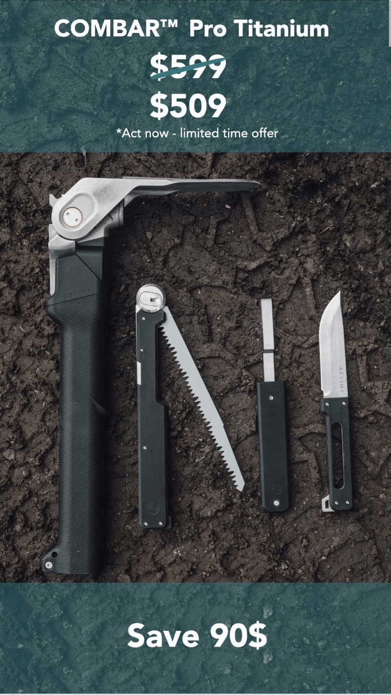 Aclim8 COMBAR Pro Titanium - Rescue and Survival Tool, 5 in 1: Hammer, Axe, and Spade Built into the Body, with an Additional Knife and Saw and a Magazine - Elite Adventurer Tool